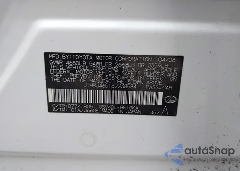 2008 Lexus Es 350 z USA, uszkodzony, nr VIN JTHBJ46G182238584